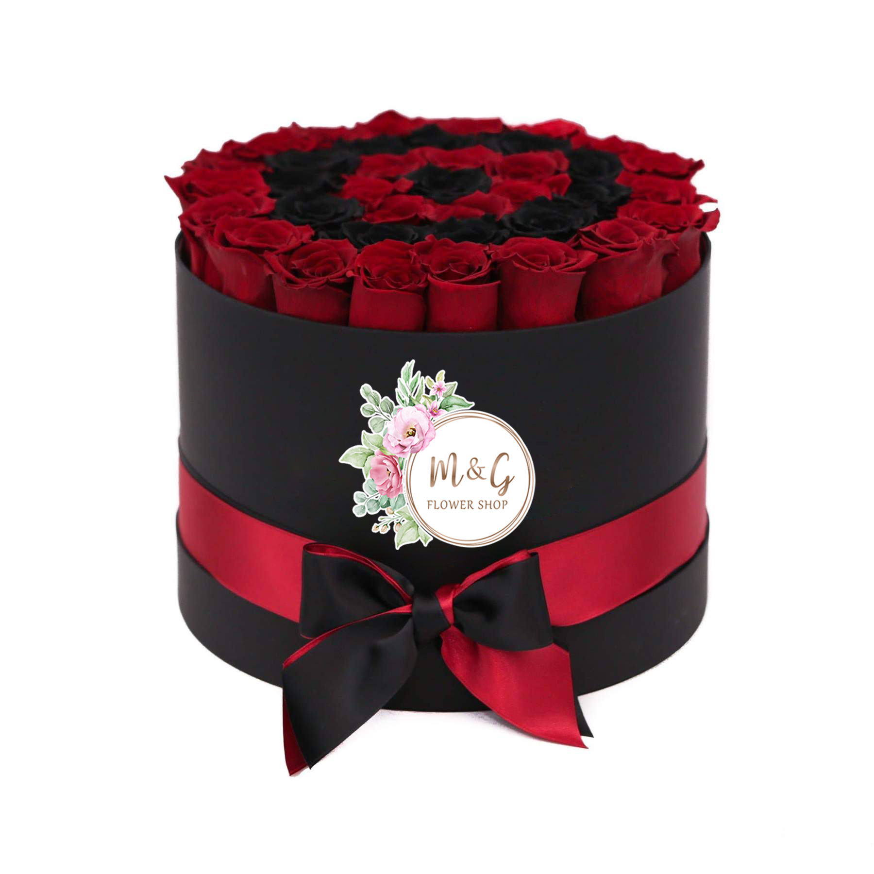 Caja Negra Premium con Rosas blancas rojas y negras – M&G Flower Shop